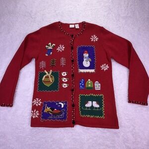 Vintage Cherokee Womens Med‎ ButtonUp Christmas Cardigan Red Sweater
